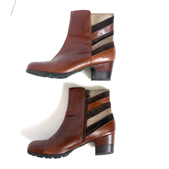 Jambo Amal Ankle Boots Brown Leather Side Zip Metallic Stripe Women’s Size 9 - Picture 1 of 9